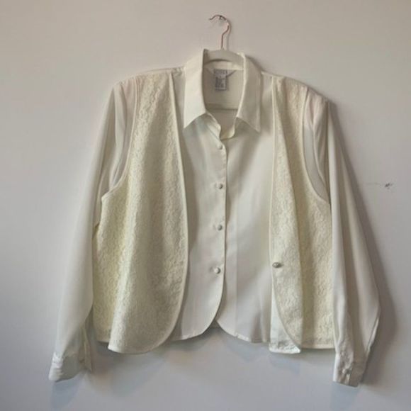 90s - Poly Blouse with Attached Lace Vest + Shoulder Pads - Picture 4 of 9